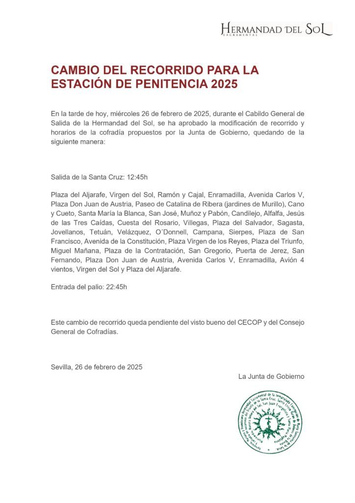 Cambio de recorrido para la Estación de Penitencia 2025