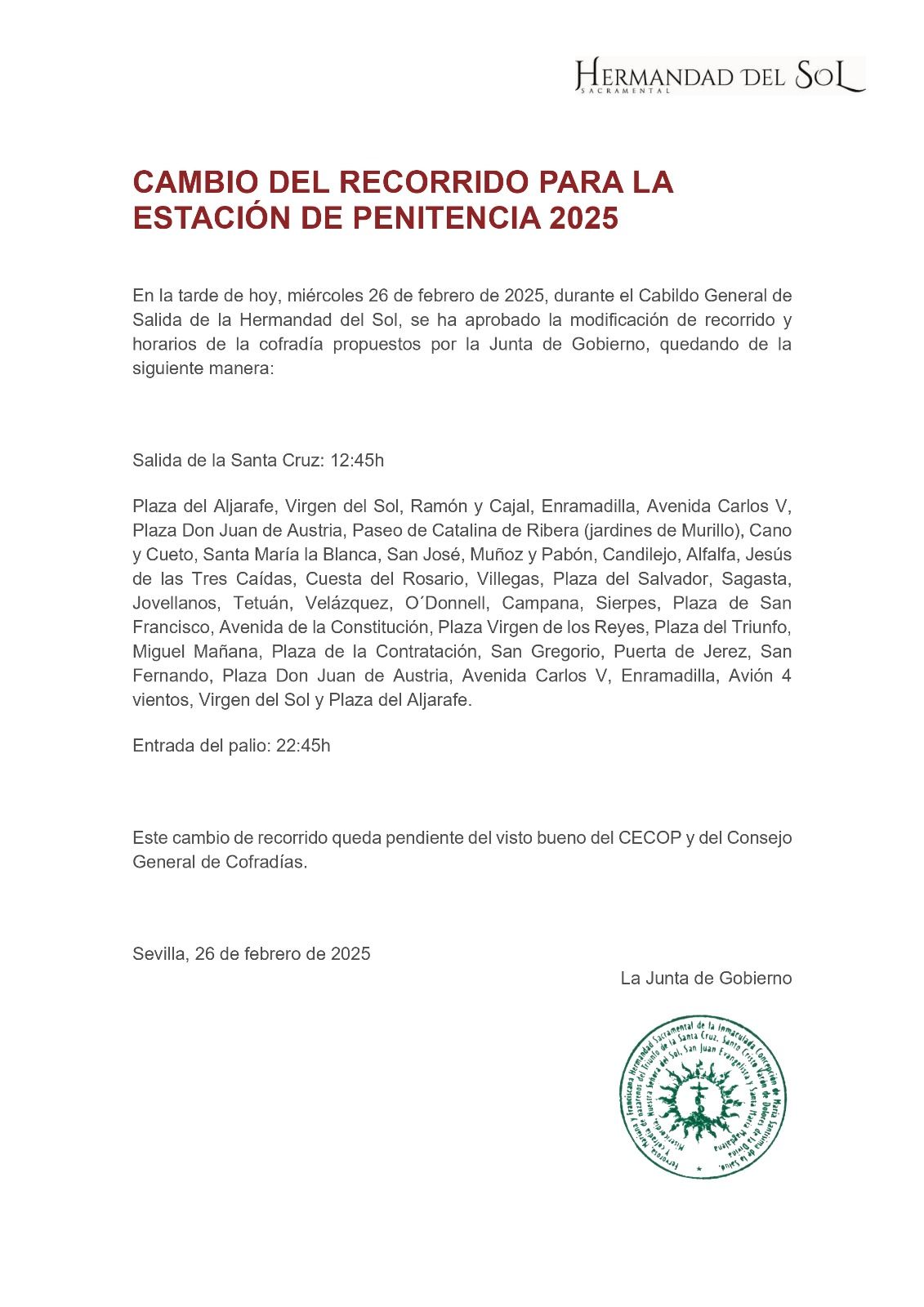 Cambio de recorrido para la Estación de Penitencia 2025